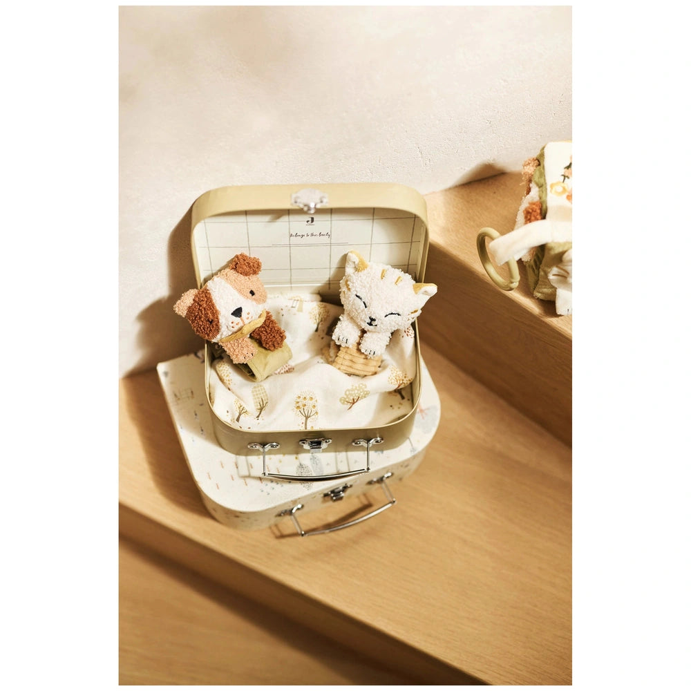 Jollein Wrist Rattle Tiny Park Charlie Cat in a suitcase features a brown, white, and colorful stuffed animal design.