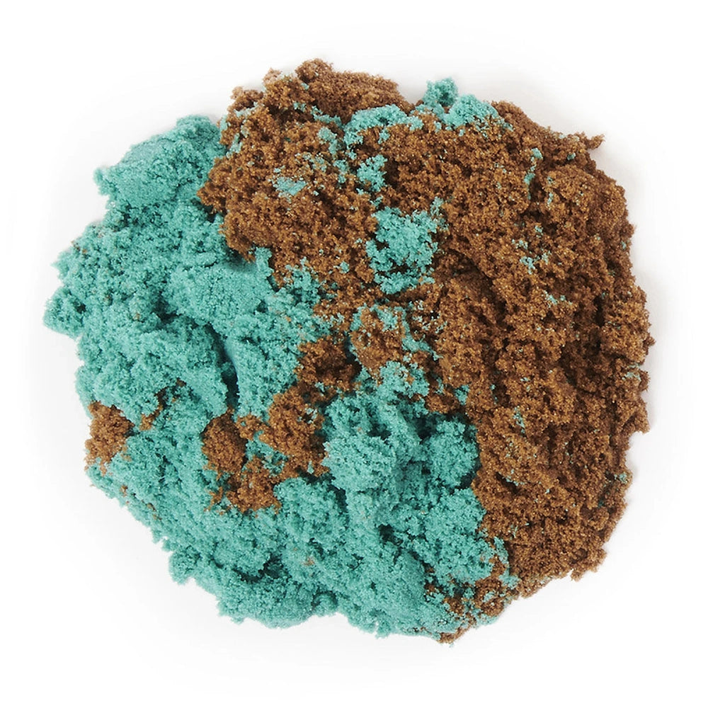 Kinetic Sand Ice Cream Cone Container displays a vibrant mix of blue and brown granular materials with a rough texture.