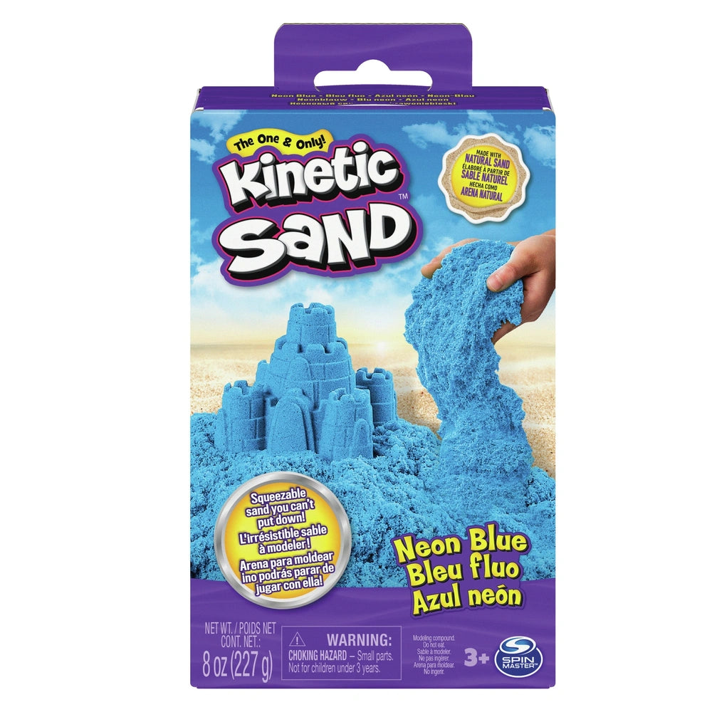 Kinetic Sand Neon package showcases blue sand with a beach backdrop, featuring vibrant colors and brand details.