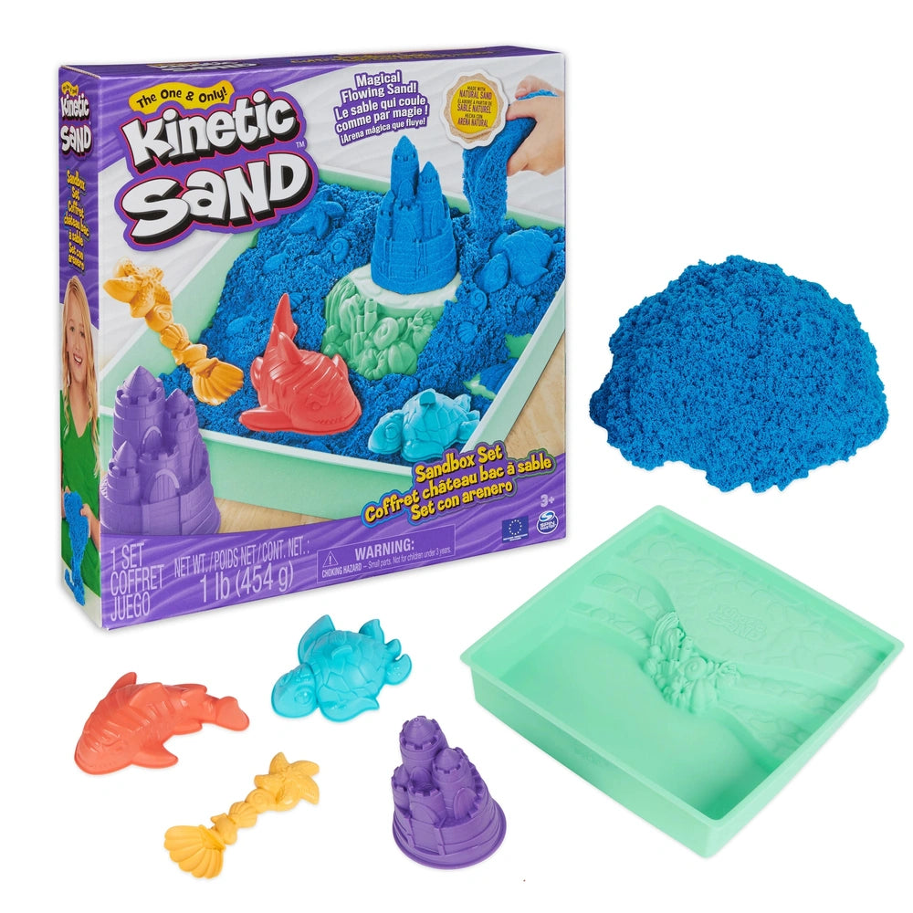 Kinetic Sand Sandbox Set features blue sand, a green tray, and assorted orange and green plastic components for creative play