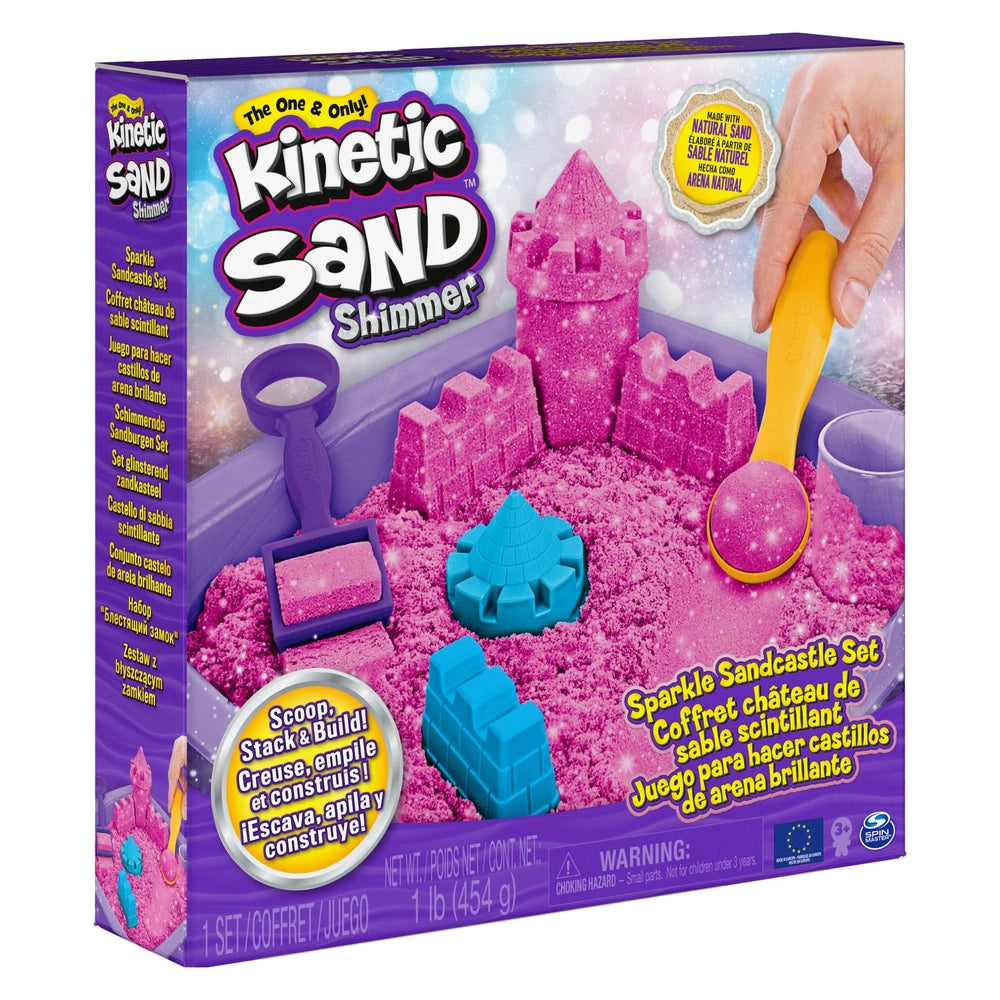 Kinetic Sand Shimmer Sparkle Sandcastle Set featuring a pink and purple toy castle, yellow shovel, and purple tray in glossy