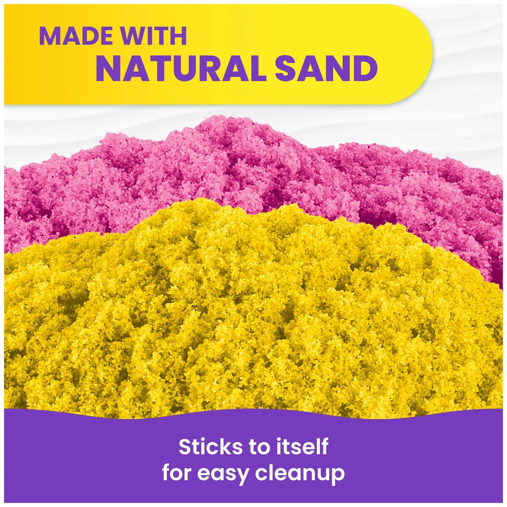 Kinetic Sand Squish Blossom features vibrant pink, yellow, and purple materials on a sandy surface with promotional text.