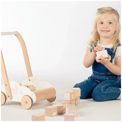 Label-Label educational baby walker features a wooden toy tractor, trailer, and numerous colorful wooden blocks for interacti