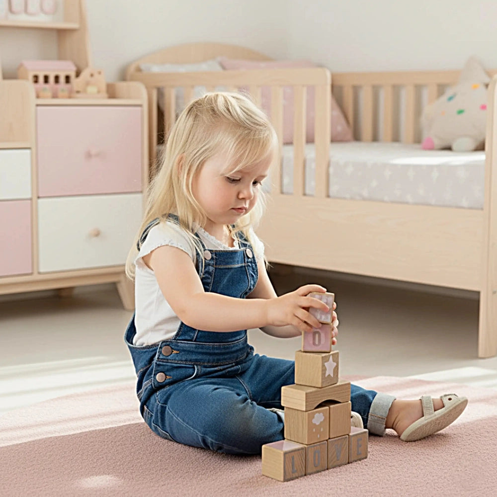 Educational Baby Walker held by a young child on a light blue carpet, surrounded by light wood furniture and a wooden crib.