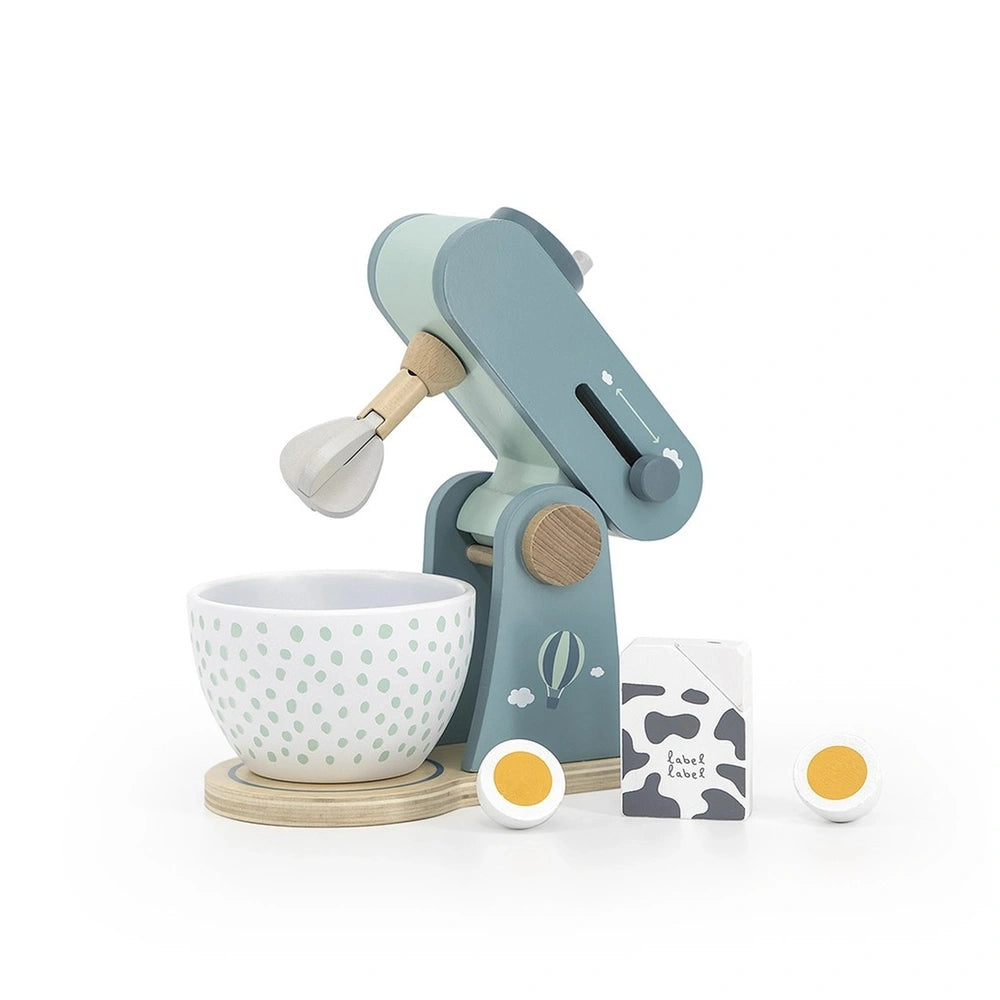 Label-Label Food Processor with a white polka-dotted bowl, light blue base, and smooth black handle and lid.