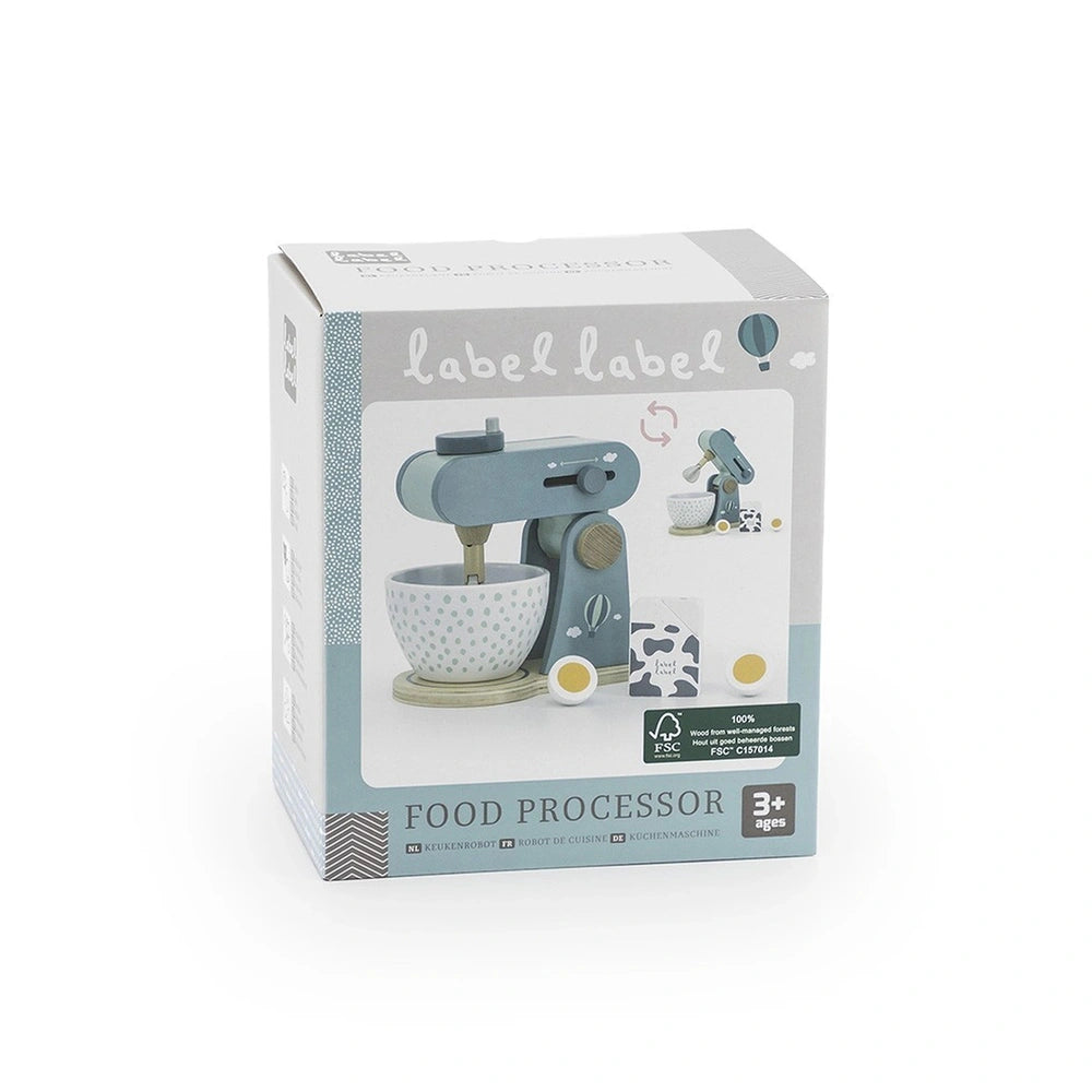 Label-Label Food Processor in white and blue packaging with a transparent window, featuring a clear plastic bowl and componen