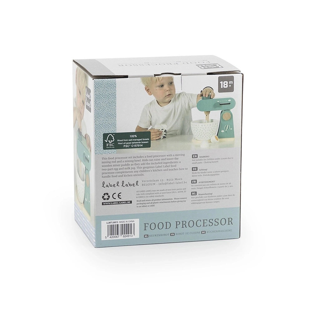 Food processor toy in white and blue packaging with child illustration, recycling label, and age suitability of 18+ months.