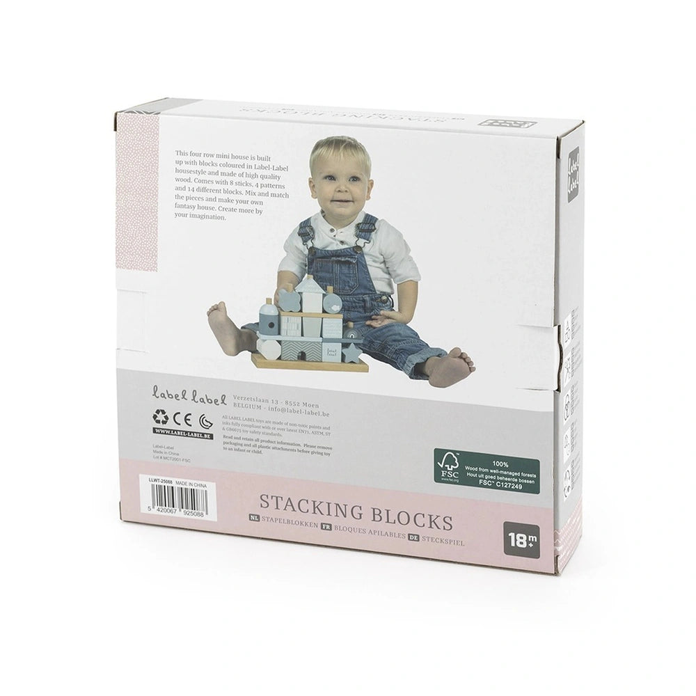 Label-Label Stacking Blocks House packaging features a white design with a clear window and colorful toy graphics.