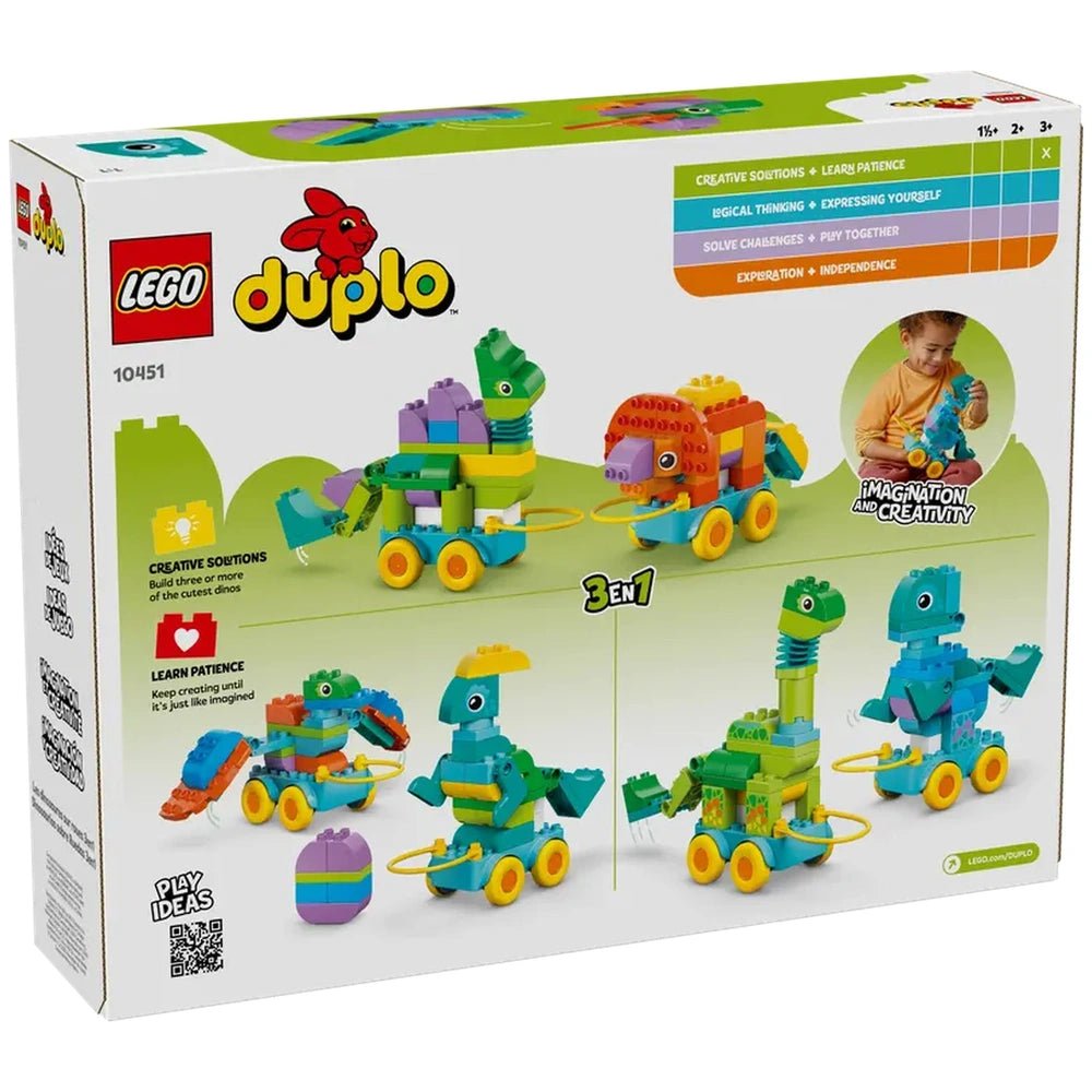 LEGO Duplo 3in1 Dinosaurs-on-Wheels set features colorful interlocking bricks and a child's hand holding a piece.