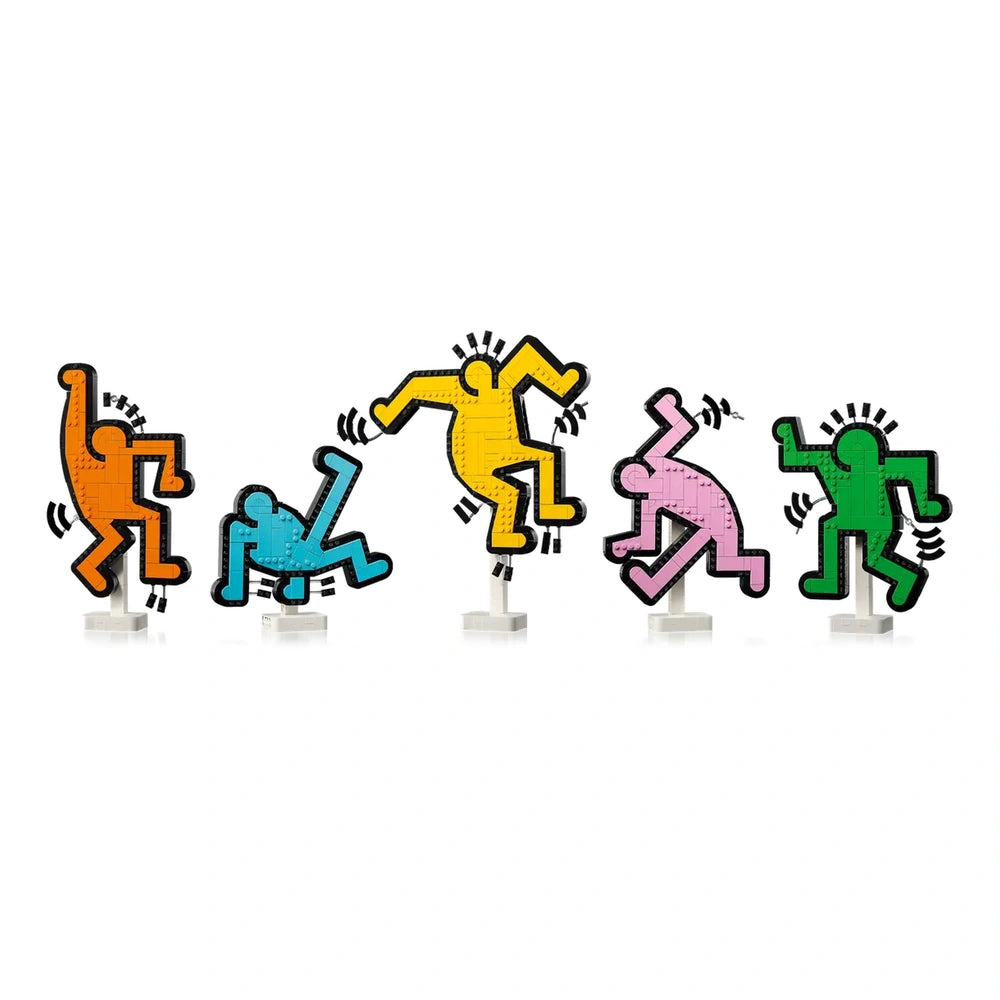 LEGO Art Keith Haring Dancing Figures feature five colorful, dynamic figurines in various poses against a white background.