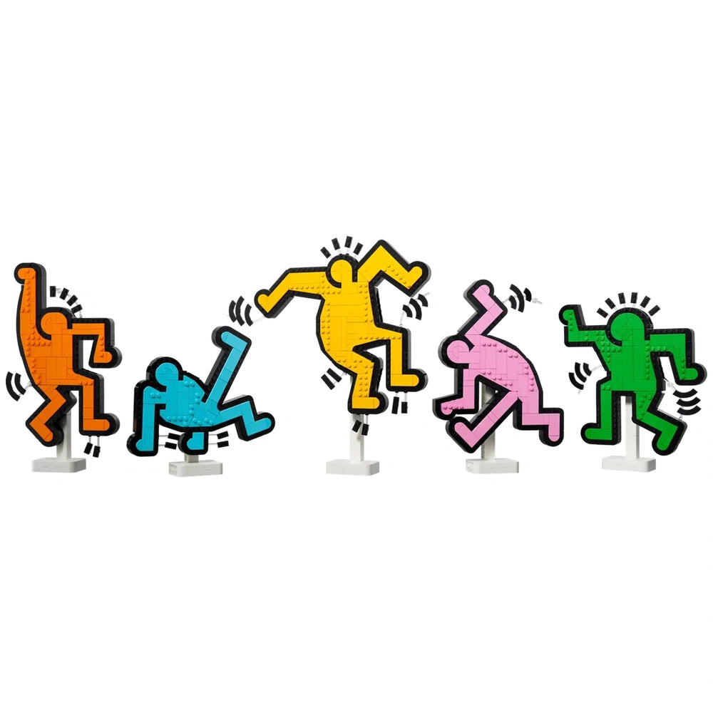 LEGO Art Keith Haring Dancing Figures features five colorful, glossy figurines in dynamic poses against a white background.
