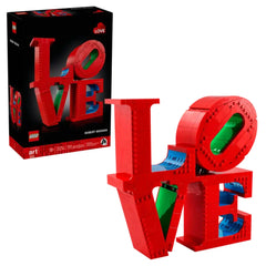 LEGO set featuring large red "LOVE" letters in front of black packaging with red and white accents, suitable for ages 18+.