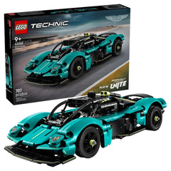 LEGO Technic Aston Martin Valkyrie construction set displayed in a black box with a clear window, featuring a sleek turquoise