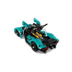 LEGO Aston Martin Valkyrie construction set features a sleek turquoise racing car with black accents and a glossy finish.