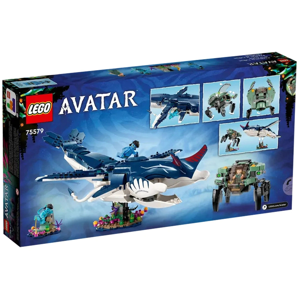 LEGO Avatar construction set featuring Payakan the Tulkun, a crabsuit, and minifigures, displayed against a vibrant underwater background.