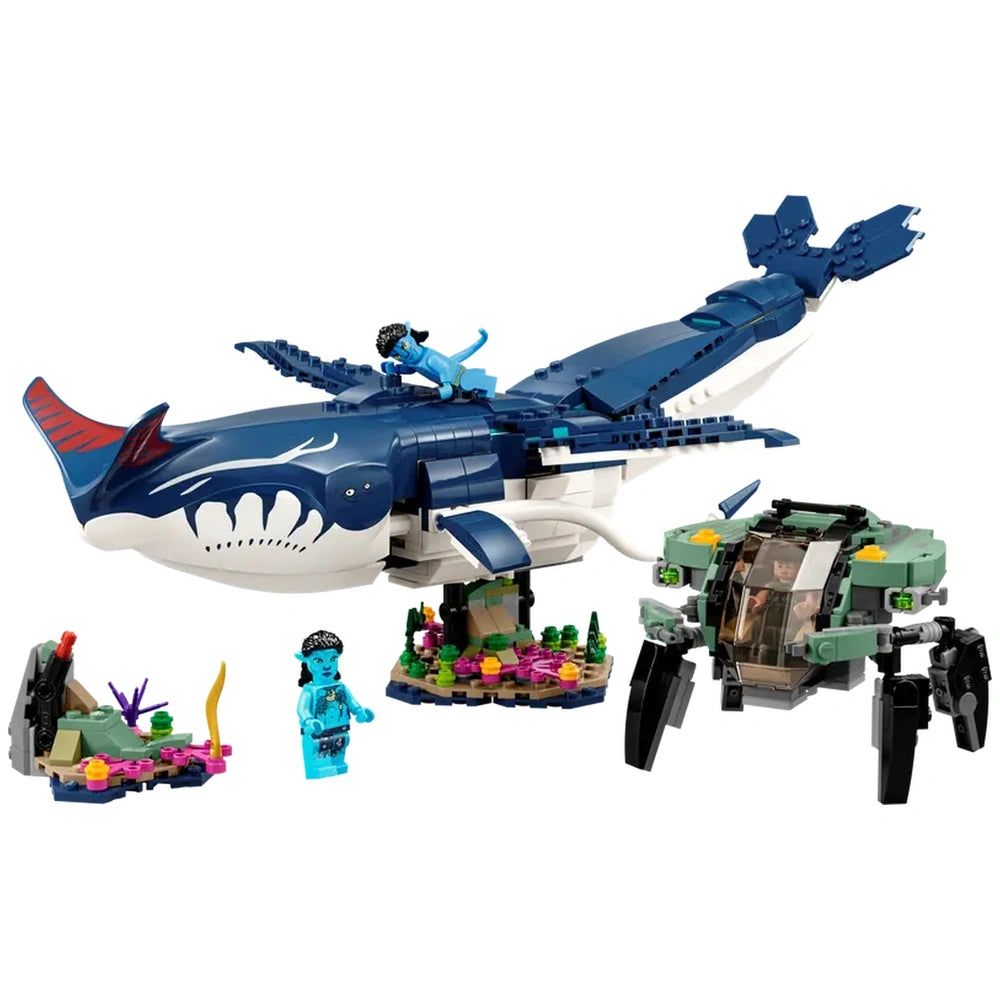LEGO Avatar set featuring a blue tulkun with a figure riding on top, alongside a green crabsuit and minifigures against colorful underwater scenery.