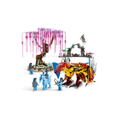 LEGO Avatar Toruk Makto & Tree of Souls set featuring colorful landscapes, intricate tree, posable Toruk figure, and four minifigures.