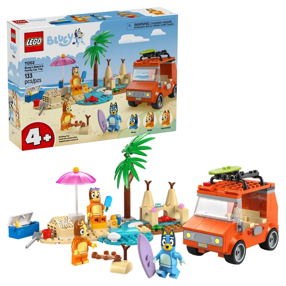 LEGO Bluey's Beach & Family Car Trip set featuring the orange family car, palm trees, sandy beach, and minifigures of Bluey, Bingo, and their mum, Chilli, enjoying a fun beach day.