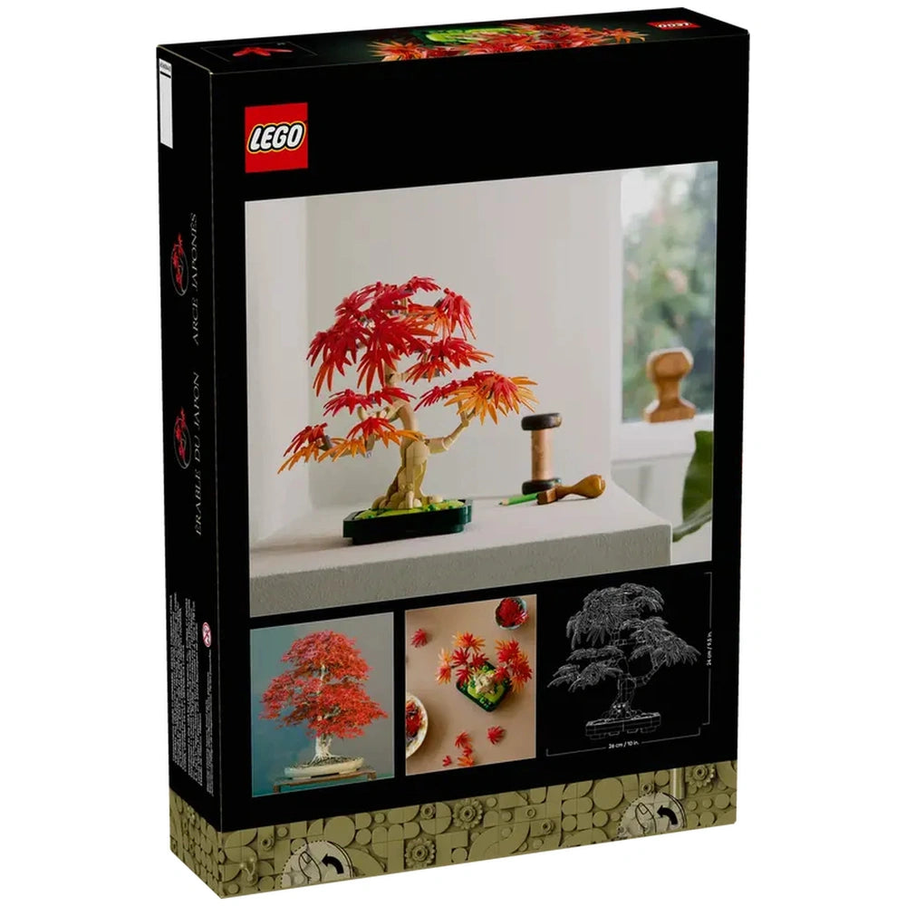 LEGO® Botanicals Japanese Red Maple Bonsai Tree set displayed in a box, featuring vibrant red and orange leaves and a dark green pot.