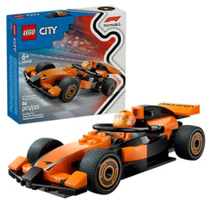 LEGO® City F1® Driver with McLaren Race Car set includes a sleek orange race car and a driver minifigure, showcased beside the product box.