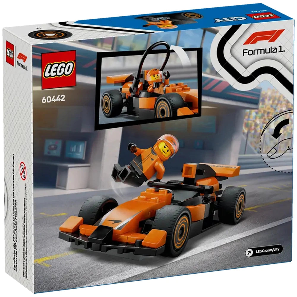 LEGO City F1 Driver with McLaren Race Car set box featuring an orange race car and a smiling driver minifigure in a racing suit.