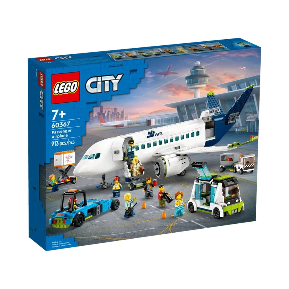 LEGO® City Passenger Airplane set featuring a detailed model airplane at an airport, with multiple minifigures and service vehicles.