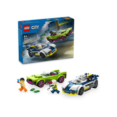 LEGO® City Police Car and Muscle Car Chase set, featuring a sleek police car and a vibrant green muscle car, accompanied by two minifigures—one police officer and one crook. The colorful scene showcases action-packed play with accessories like a wrench and gems.