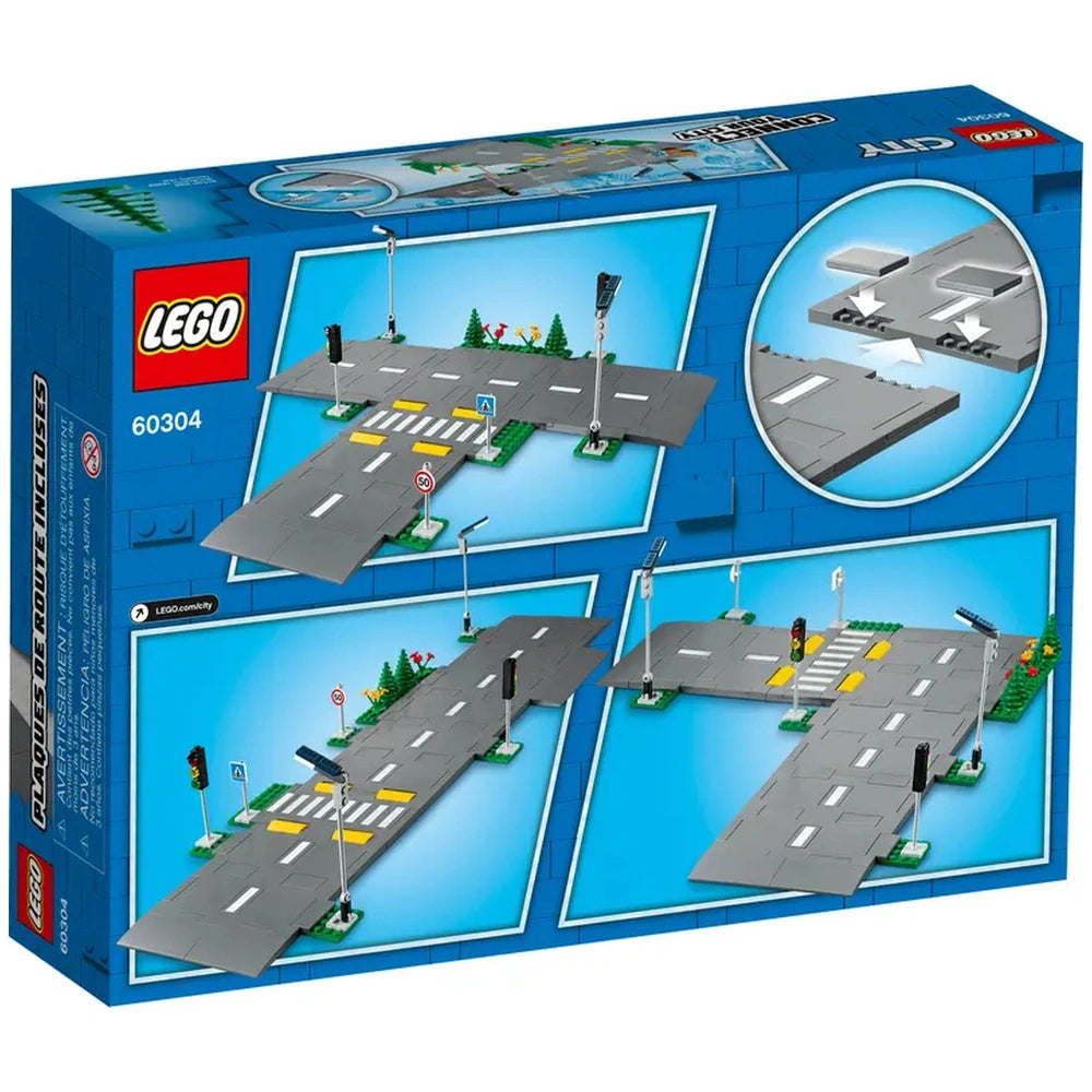 LEGO City Road Plates construction set featuring five road plates with traffic markings, speed bumps, crosswalks, and greenery.