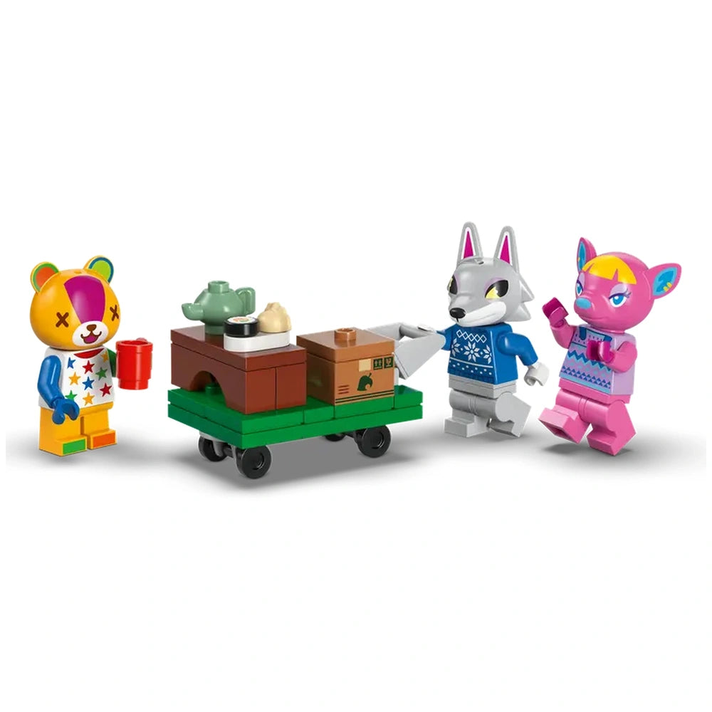Four colorful Animal Crossing figures stand beside a green cart loaded with boxes and food items, showcasing vibrant accessories.