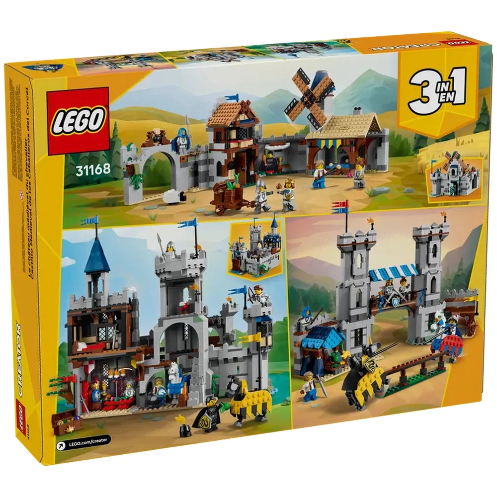LEGO Creator 3in1 Medieval Horse Knight Castle set showcases a detailed castle with towers, a drawbridge, and miniature knights, encouraging imaginative play.