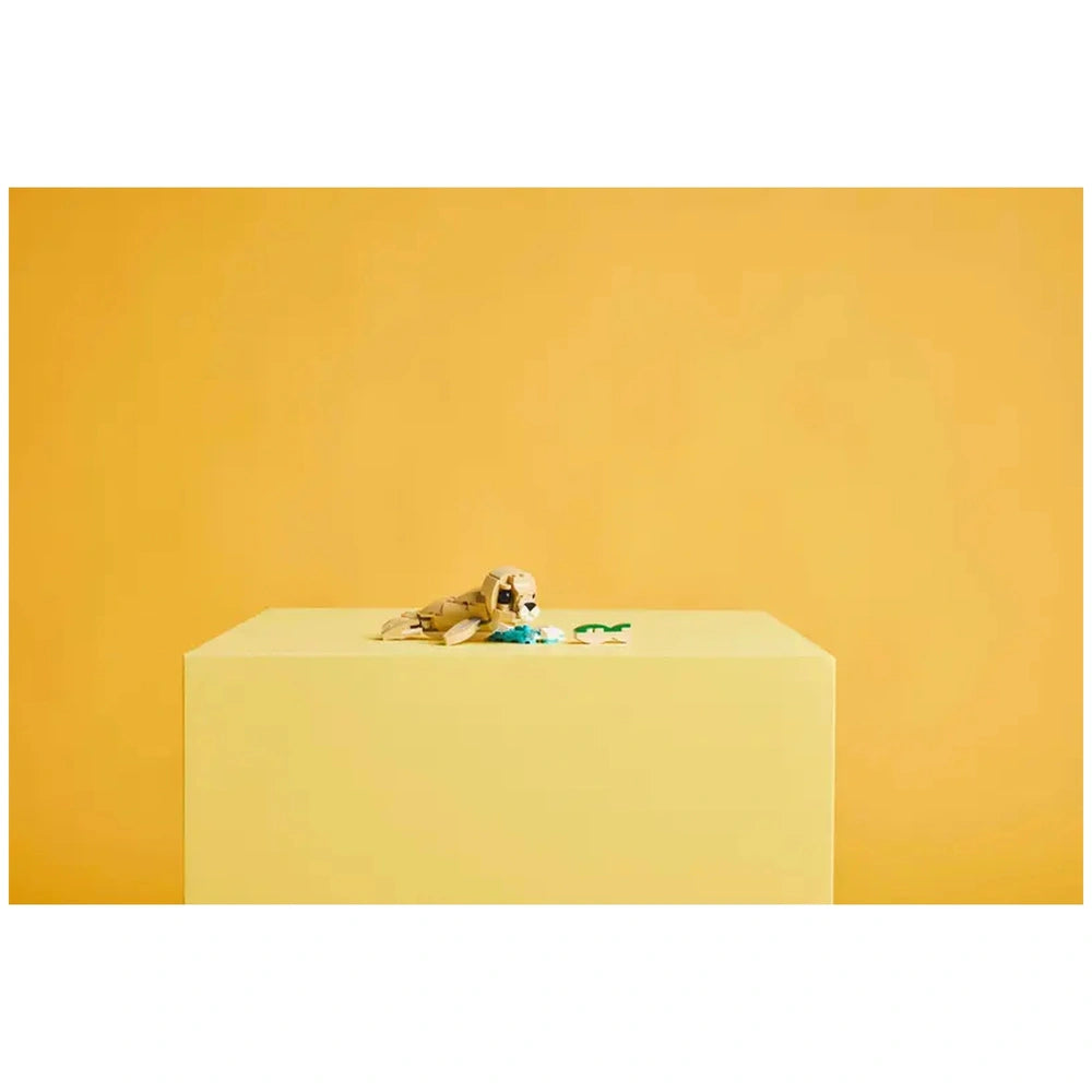 Cute LEGO Creator 3in1 Bunny building set on a yellow pedestal, featuring a posable bunny with a sunflower and a carrot.