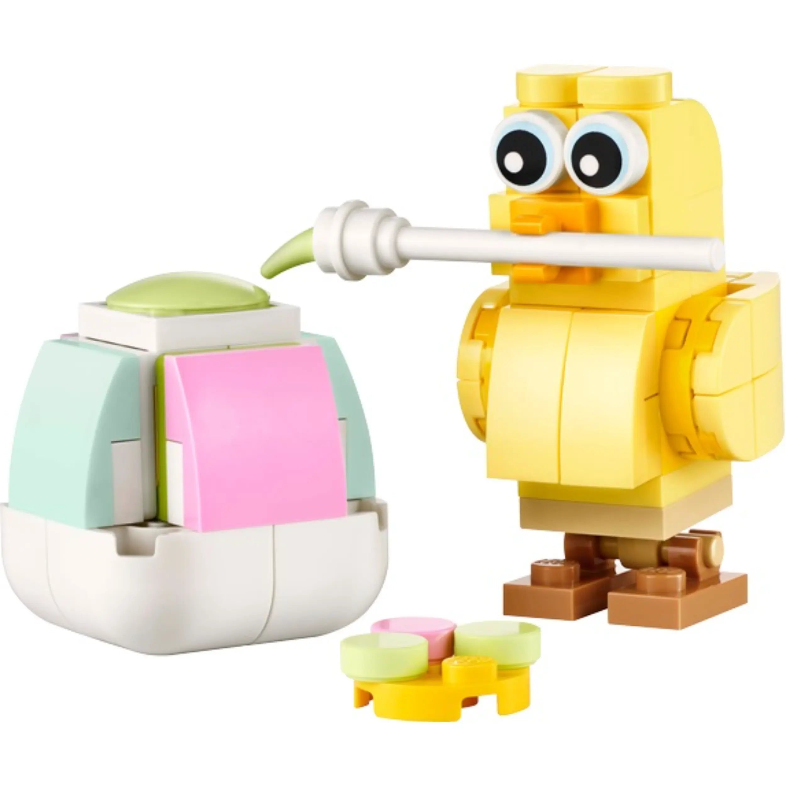 Colorful LEGO Creator chick holding a paintbrush next to a decorated Easter egg, featuring pastel colors and small building pieces.