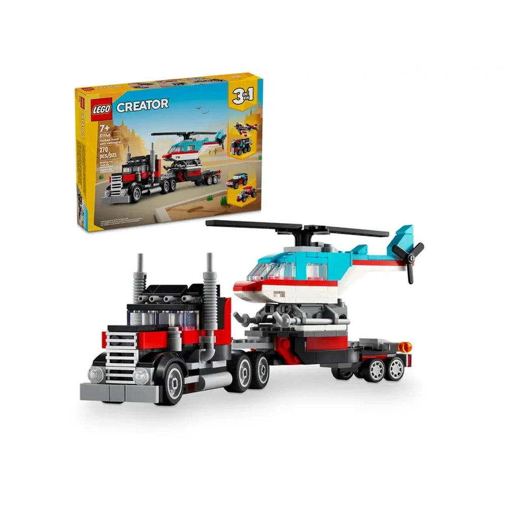LEGO® Creator Flatbed Truck with Helicopter (31146) set featuring a red and black truck towing a blue and white helicopter, with a colorful box in the background.