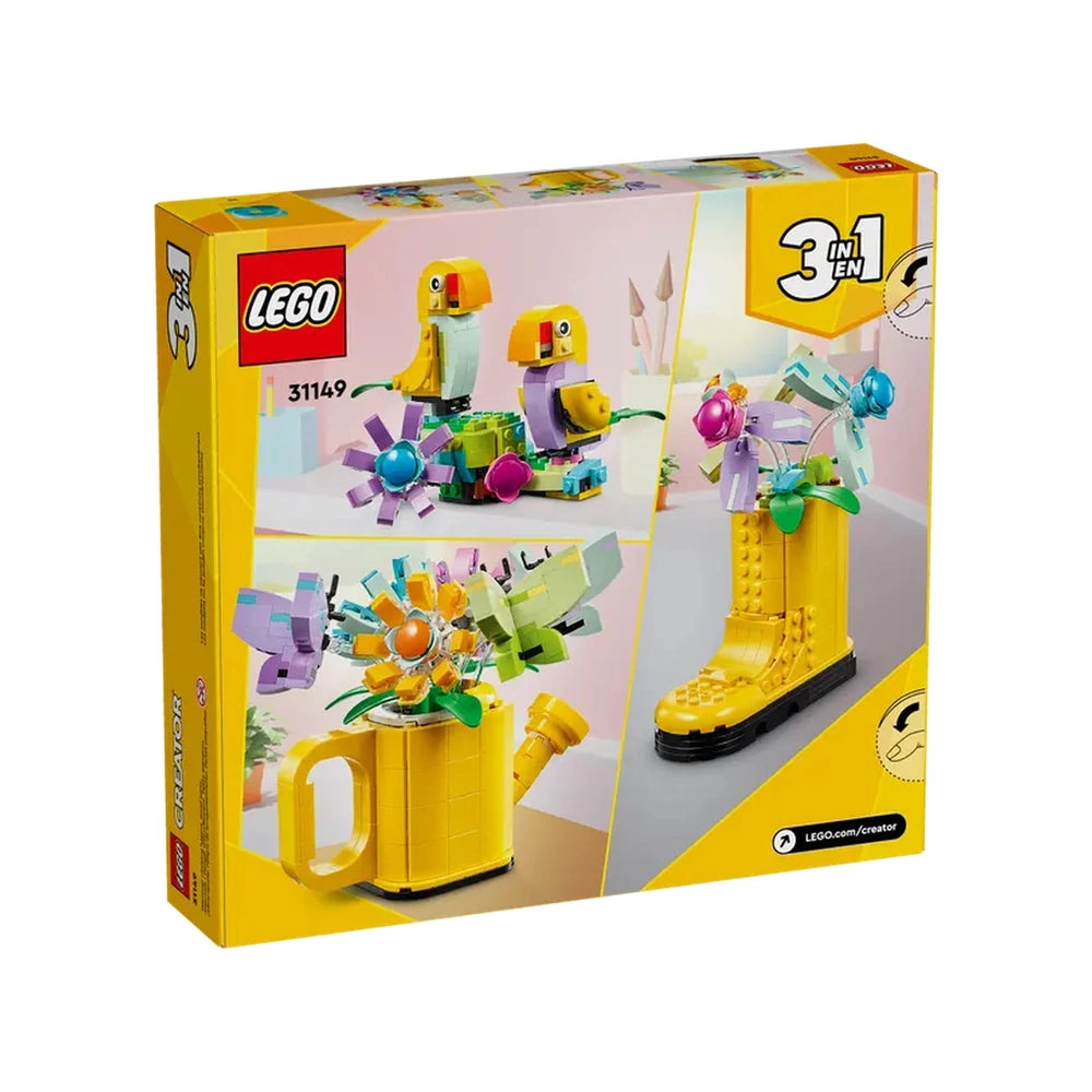 LEGO Creator 3in1 set featuring a vibrant yellow watering can filled with colorful flower toys, a yellow boot, and playful bird models.