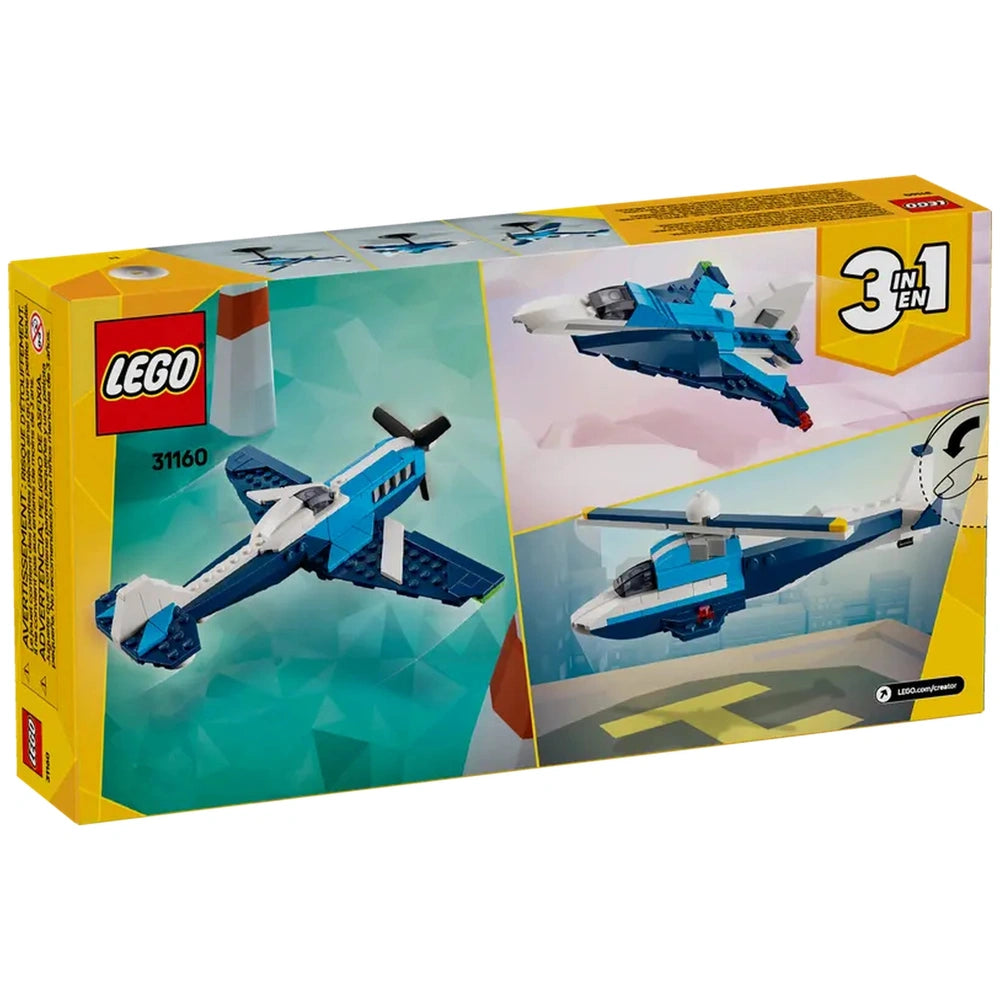 LEGO® Creator 3in1 Aircraft: Race Plane set box featuring three models: a blue race plane with a propeller, a sleek jet, and a helicopter, displayed on a colorful background.