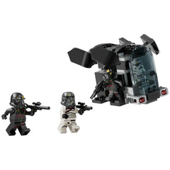 LEGO Death Trooper and Night Trooper minifigures stand ready with blasters beside a black dropship featuring a transparent cockpit.