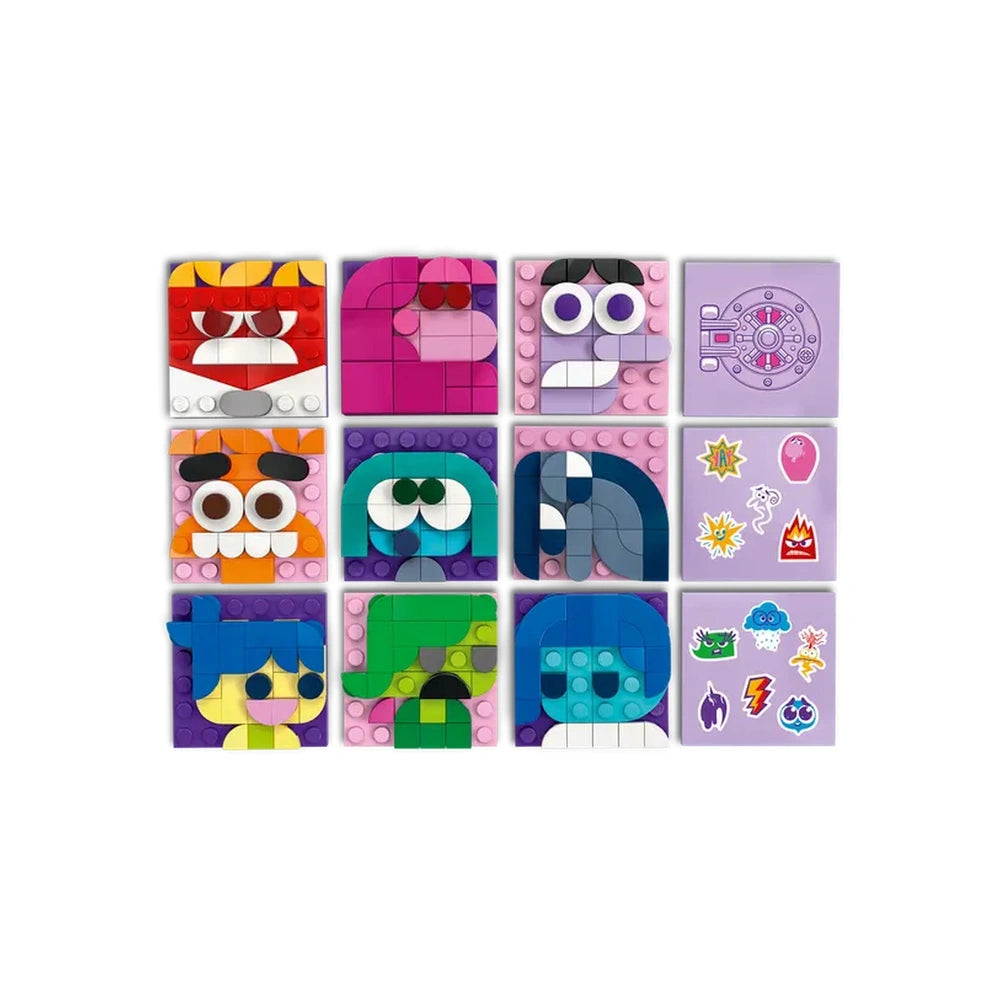 Colorful LEGO mood cubes arranged in a grid, featuring various emotional characters from Disney's Inside Out 2, with playful expressions and interchangeable mood plates.