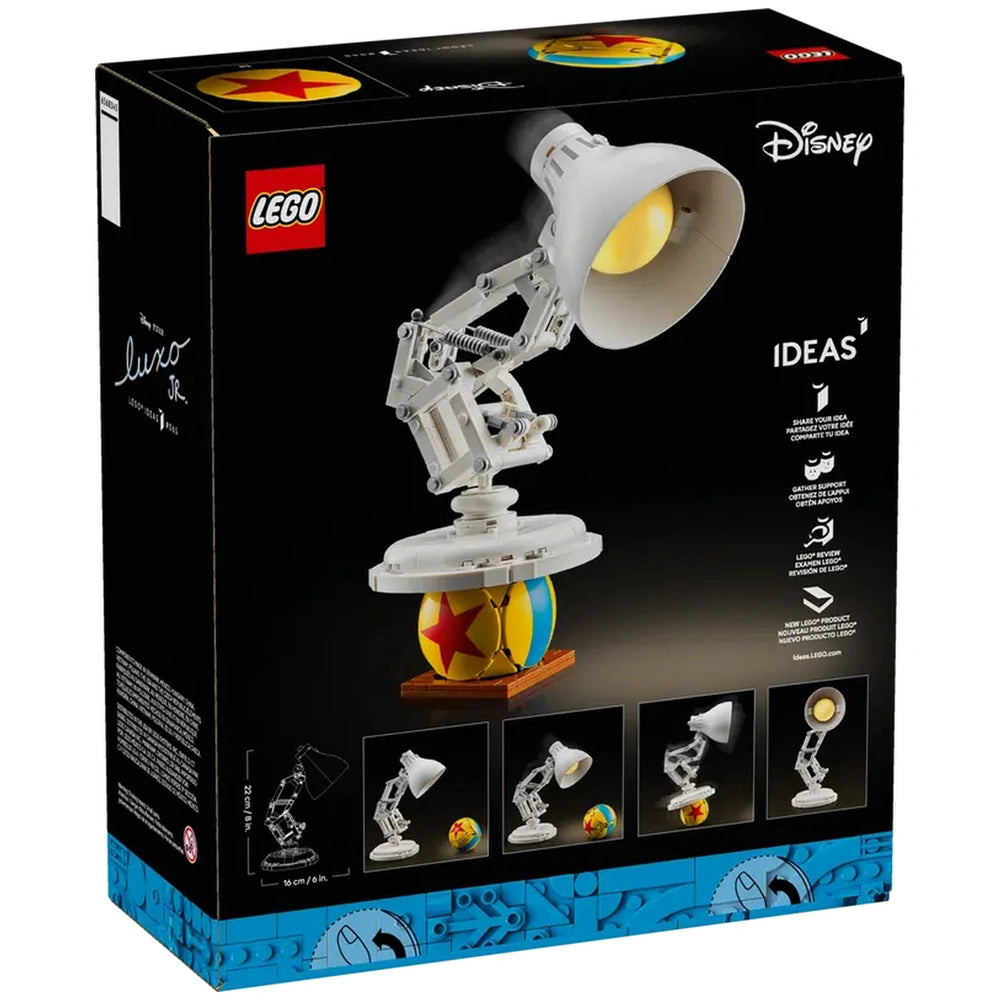 LEGO Disney Pixar Luxo Jr. collectible toy model featuring a white lamp positioned on a colorful star-patterned ball, with posable details.
