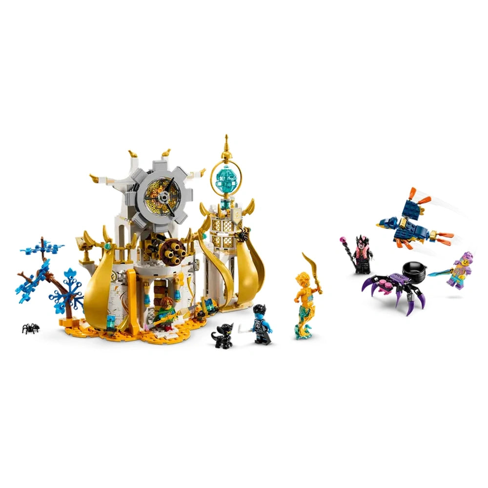 LEGO® DREAMZzz™ The Sandman's Tower set features a golden castle with intricate designs, surrounded by colorful characters and creatures, including a cat, an arachnid, and a hero wielding a sword.