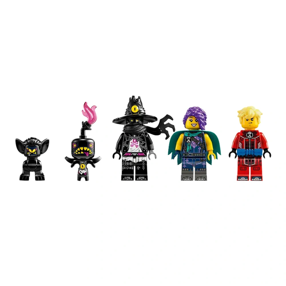 Five LEGO® minifigures from the DREAMZzz™ set, showcasing vibrant colors and unique designs. A black Cat-Owl figure stands next to a small creature with a pink flame. The third figure features a black character with a hat and hand raised, while a joyful character with purple hair wears a green cape. Finally, a red-dressed figure completes the lineup, all displayed against a white background.