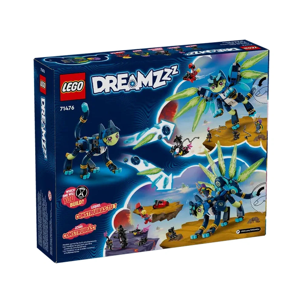 LEGO® DREAMZzz™ Zoey and Zian the Cat-Owl construction set box featuring colorful graphics of Zian as a Cat-Owl and Cat-Peacock in a whimsical dream landscape.