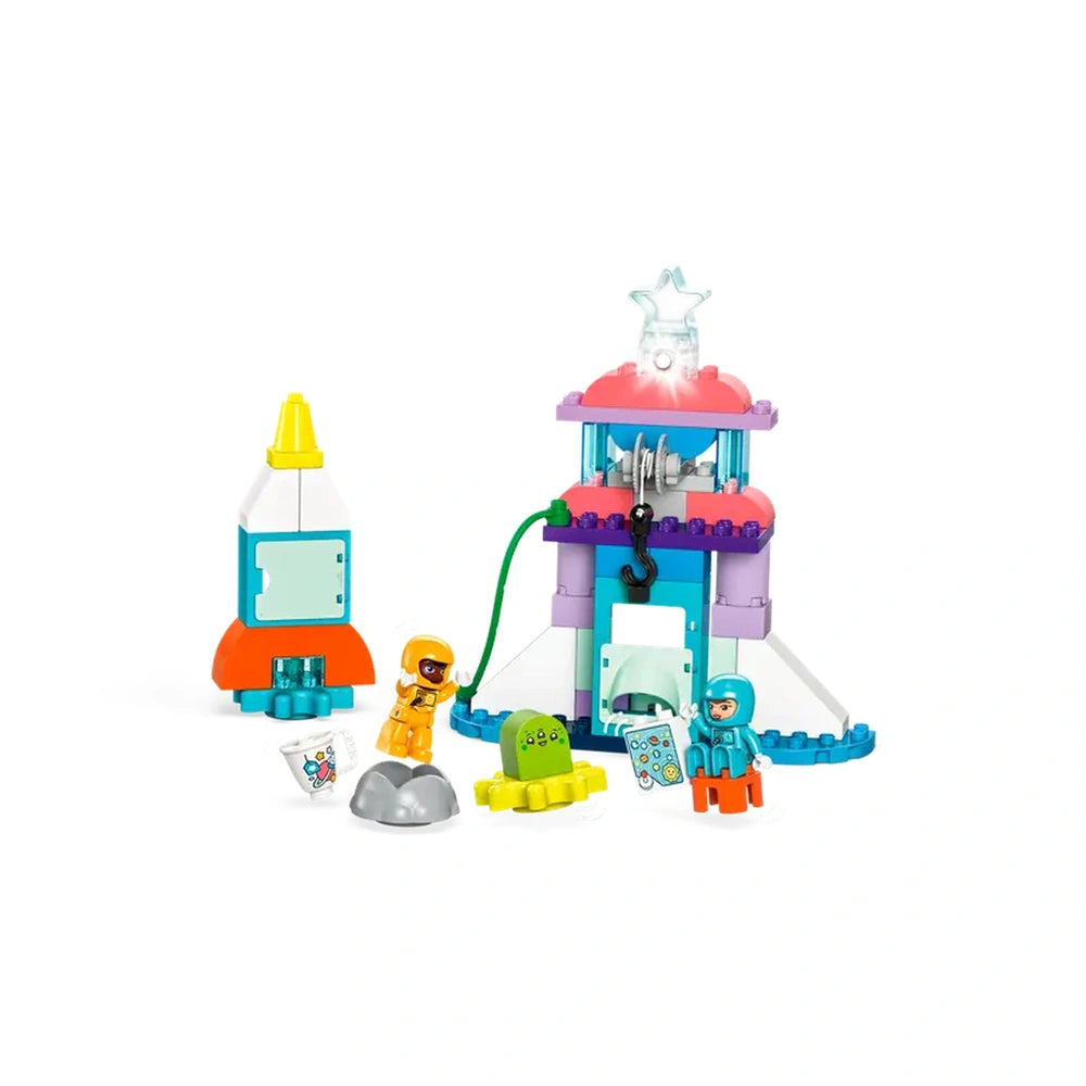 Colorful LEGO® DUPLO® 3in1 Space Shuttle Adventure set featuring a tall rocket, a space station, and two astronaut figures.
