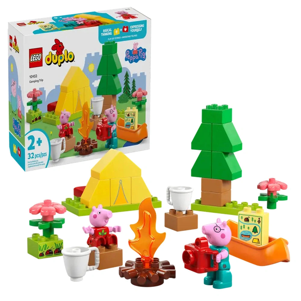 LEGO® DUPLO® Camping Trip set featuring Peppa Pig and Daddy Pig, a yellow tent, a campfire, and vibrant trees, flowers, and accessories.