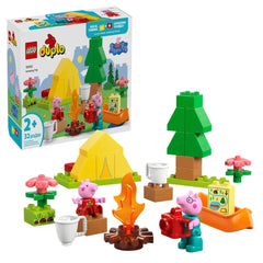 LEGO® DUPLO® Camping Trip set featuring Peppa Pig and Daddy Pig, a yellow tent, a campfire, and vibrant trees, flowers, and accessories.