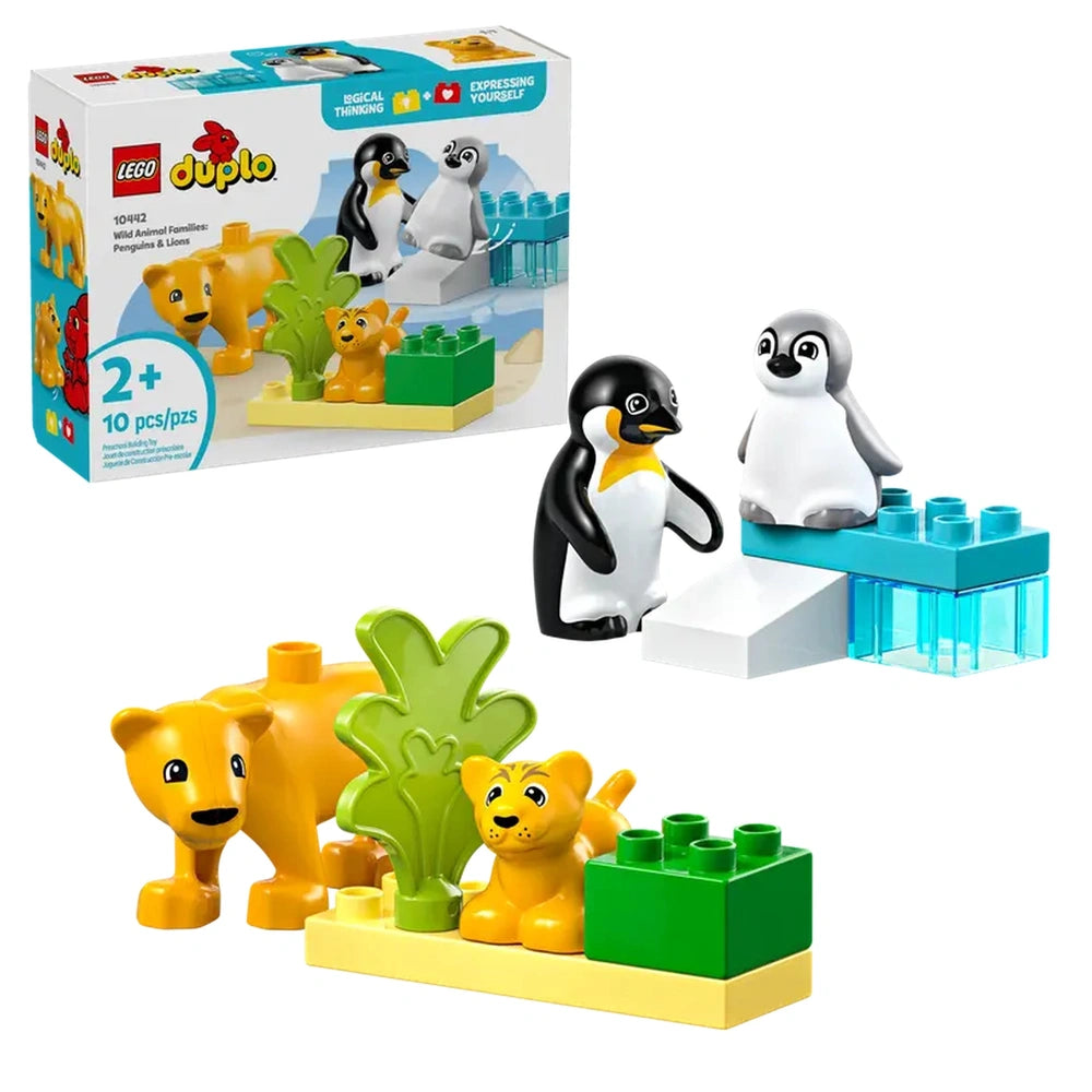 LEGO® DUPLO® Wild Animal Families set featuring two penguins, a lion, and a baby lion atop colorful building blocks and a palm tree.