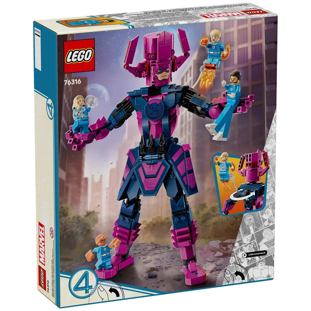 LEGO 76316 Fantastic Four VS Galactus construction set box design featuring Galactus in purple and blue with iconic minifigures.