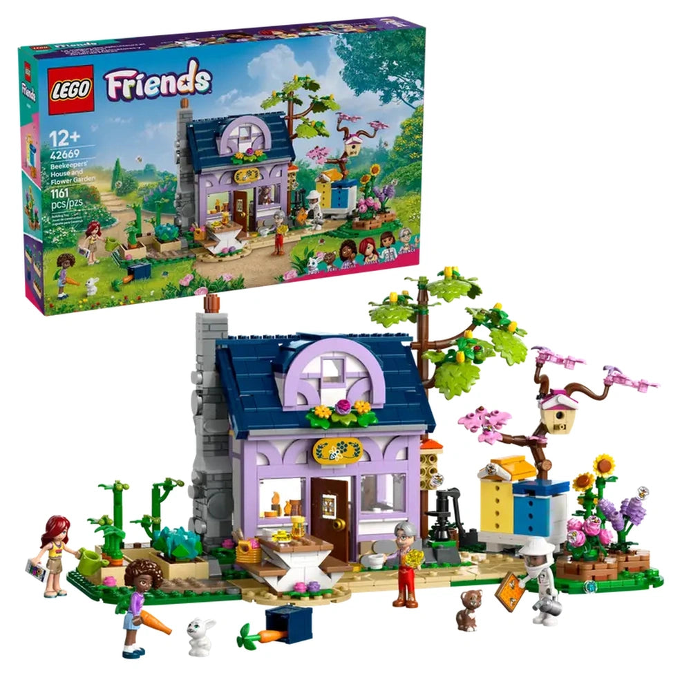 Colorful LEGO Friends Beekeepers’ House and Flower Garden set featuring a two-story house with a vibrant garden, minidolls, and animal figures.