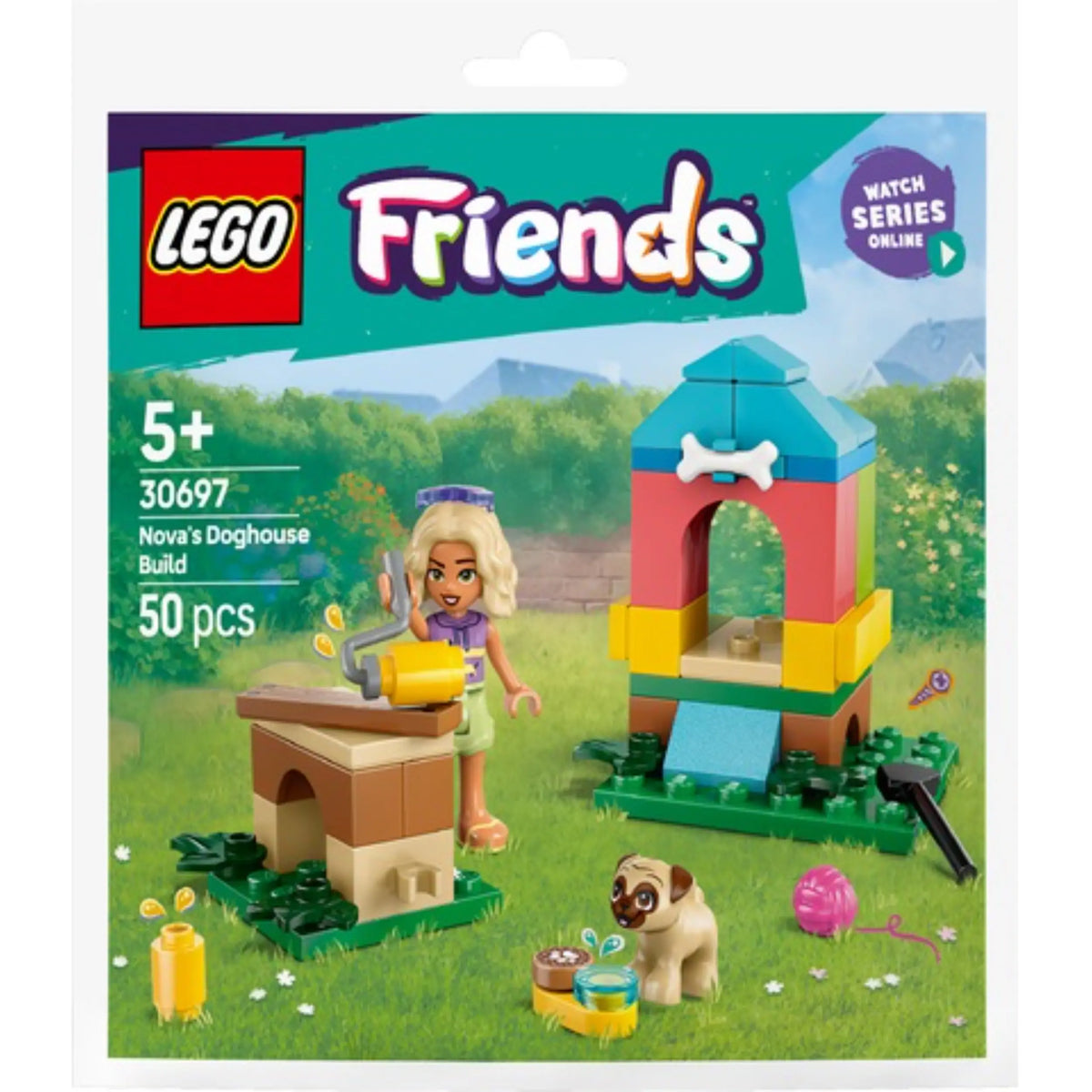 LEGO Friends Nova’s Doghouse set featuring a blonde girl building a colorful doghouse in a grassy landscape alongside a playful pug and accessories.