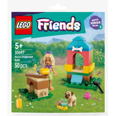 LEGO Friends Nova’s Doghouse set featuring a blonde girl building a colorful doghouse in a grassy landscape alongside a playful pug and accessories.
