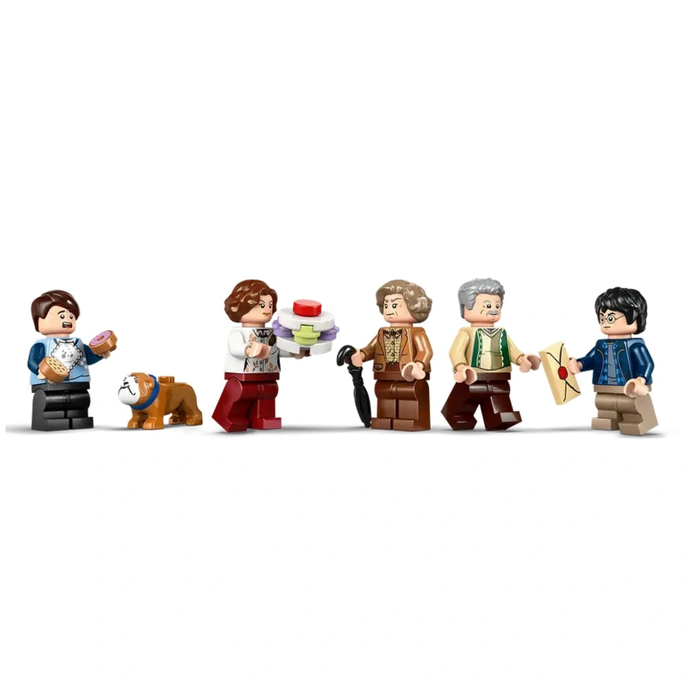 Six LEGO figures from the Harry Potter universe are displayed: a boy holding a donut, a woman with a colorful cake, a man with an umbrella, another man in a brown outfit, and Harry Potter holding a letter, all set against a plain white background. A small brown dog is positioned at the boy's feet.